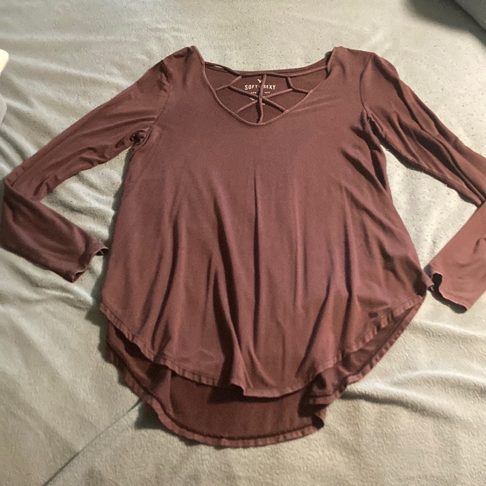 American Eagle Soft & Sexy Long Sleeve Maroon Cutout Shirt